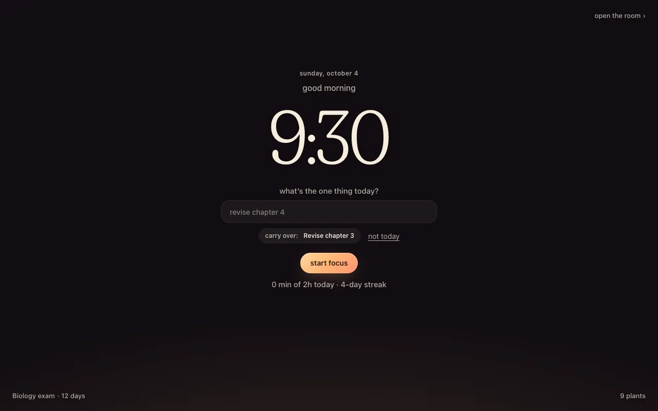 A new tab with the lofispot extension: the time, today’s one thing, and the day’s focus so far.