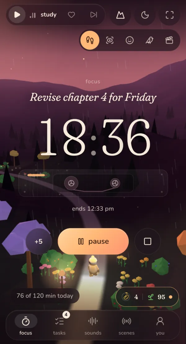 The same session on a phone, in step with the laptop: 18:36 left, with Patol’s valley behind the timer.