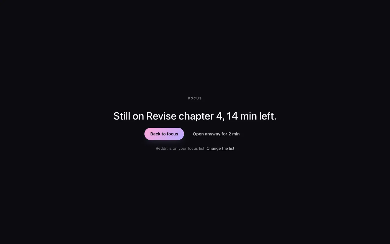 The focus shield: Reddit, opened mid-session, shows “Still on Revise chapter 4, 14 min left.”, with Back to focus and Open anyway for 2 min.