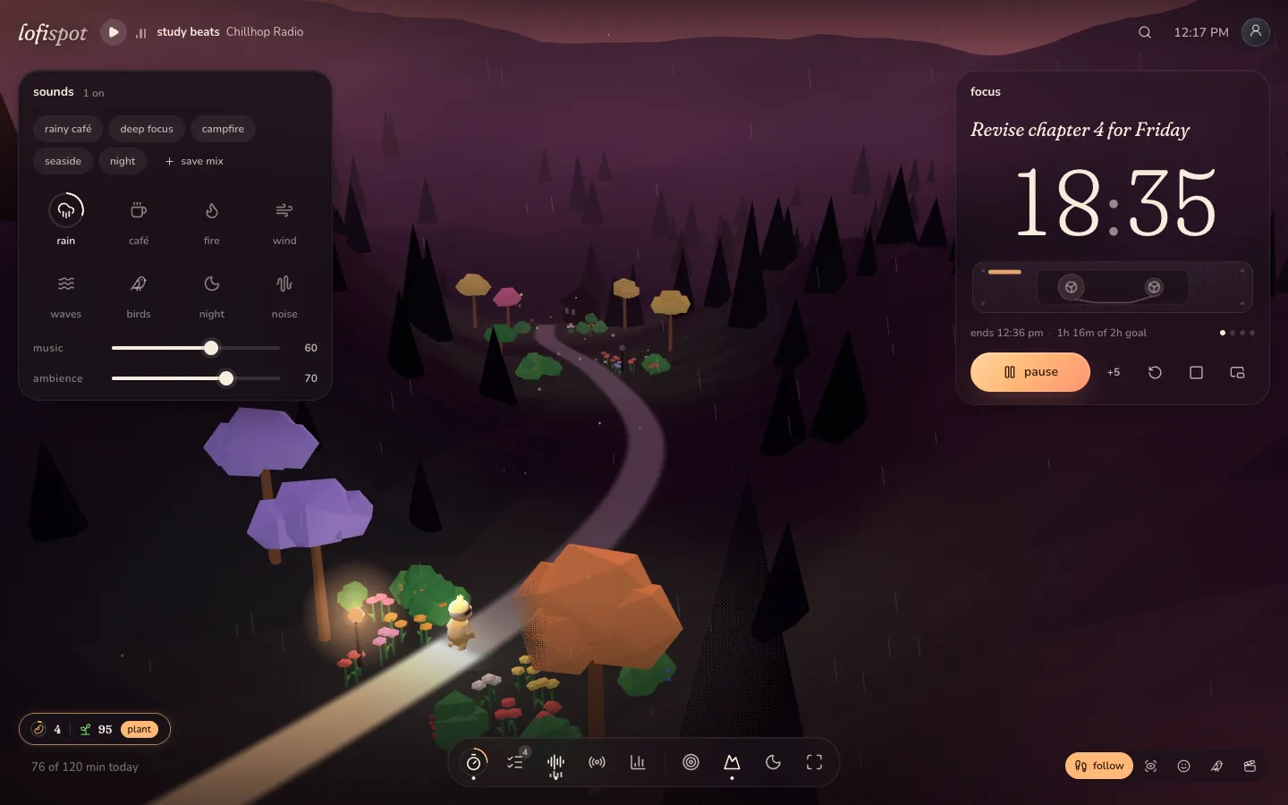 The sounds: rain, café, fire, wind, waves, birds, night and noise, with sliders for music and ambience.